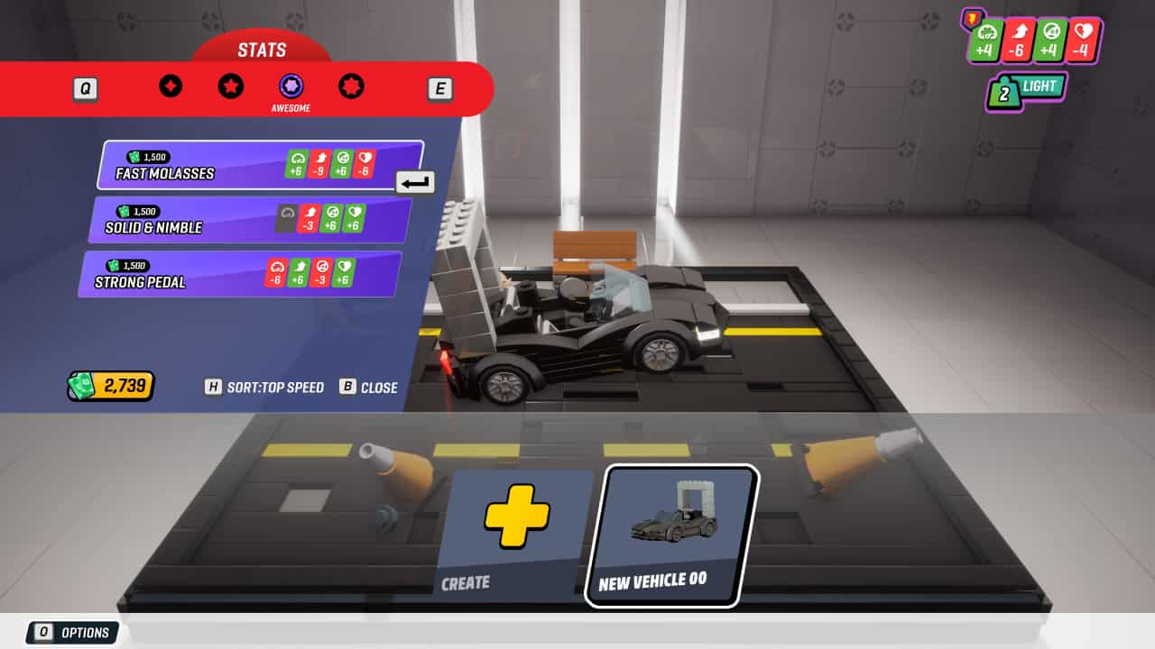 How to build the best car in Lego 2K Drive: The stats package screen, Fast Molasses under the 'awesome' category currently selected.