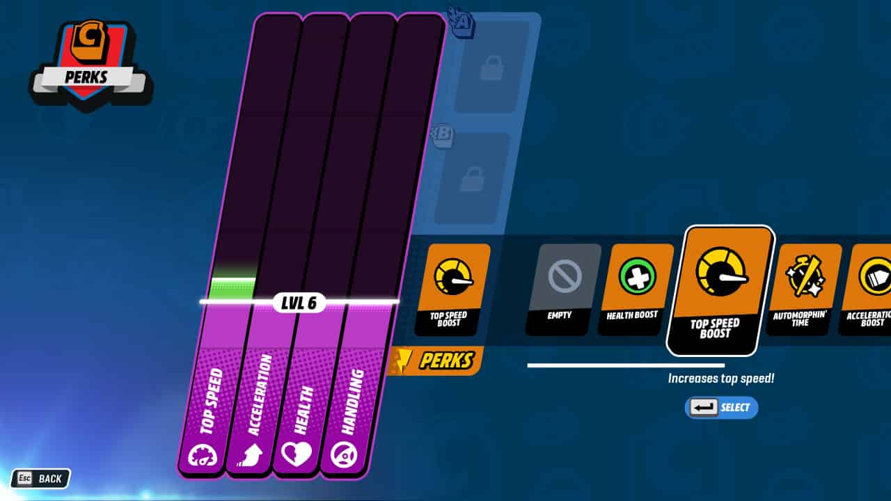 How to build the best car in Lego 2K Drive: The perks selection screen, which also shows the stats.