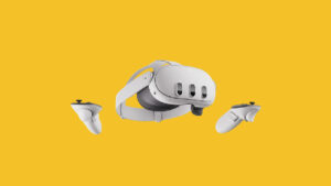 A white vr headset on a yellow background providing guidance on connecting Meta Quest 3 to PC.