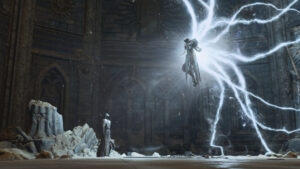 How to download the Diablo 4 server slam beta on PC: A robed man stares up at a hooded figure in light armour, tendrils of azure lightning pouring from his back.