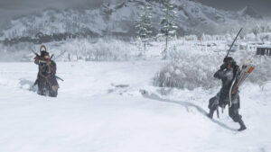 Two samurai from Ghost of Yotei Houndmaster Toyotaro bounty fight in a snowy landscape, one with a bow and arrows, the other in a fighting stance