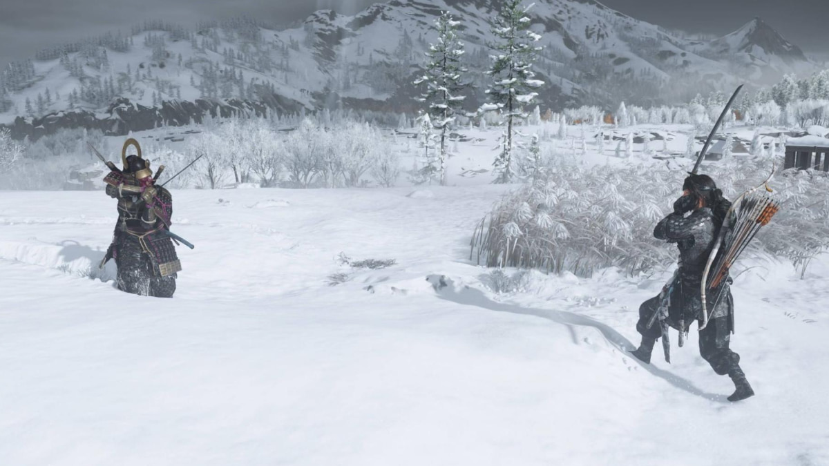 Two samurai from Ghost of Yotei Houndmaster Toyotaro bounty fight in a snowy landscape, one with a bow and arrows, the other in a fighting stance