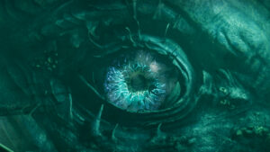 How to get the Aquanaut title in Destiny 2: A closeup shot of Ahsa's eye through the waters of Titan.