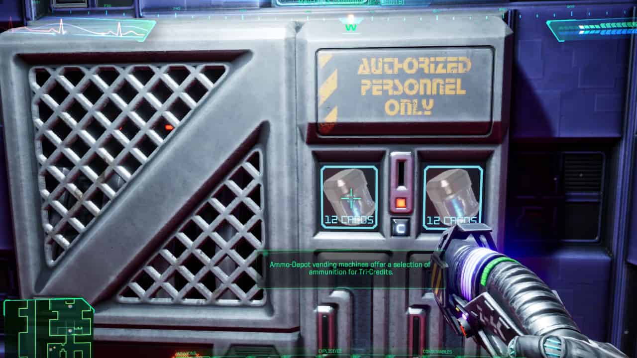 How to get credits in System Shock: Player in front of an ammo-depot/ ammunition vendor.