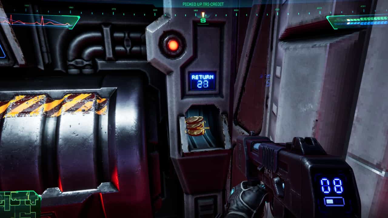 How to get credits in System Shock: Player picking up Tri-credits from a recycler machine.
