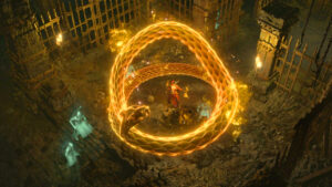 How to get gold fast in Diablo 4: A character is surrounded by a magical golden glowing serpent while two ghostly forms watch on.