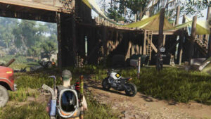 How to get a motorocycle in Once Human: a picture of a motorbike in a fortification from Once Human.