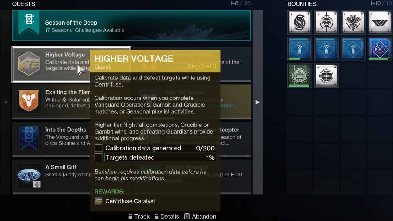 How to get the Centrifuse catalyst in Destiny 2: The Higher Voltage quest in the quest menu.