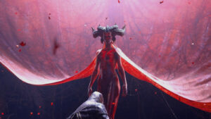 How to give thanks at the shrine in Diablo 4: A man kneels before a crimson-skinned demon