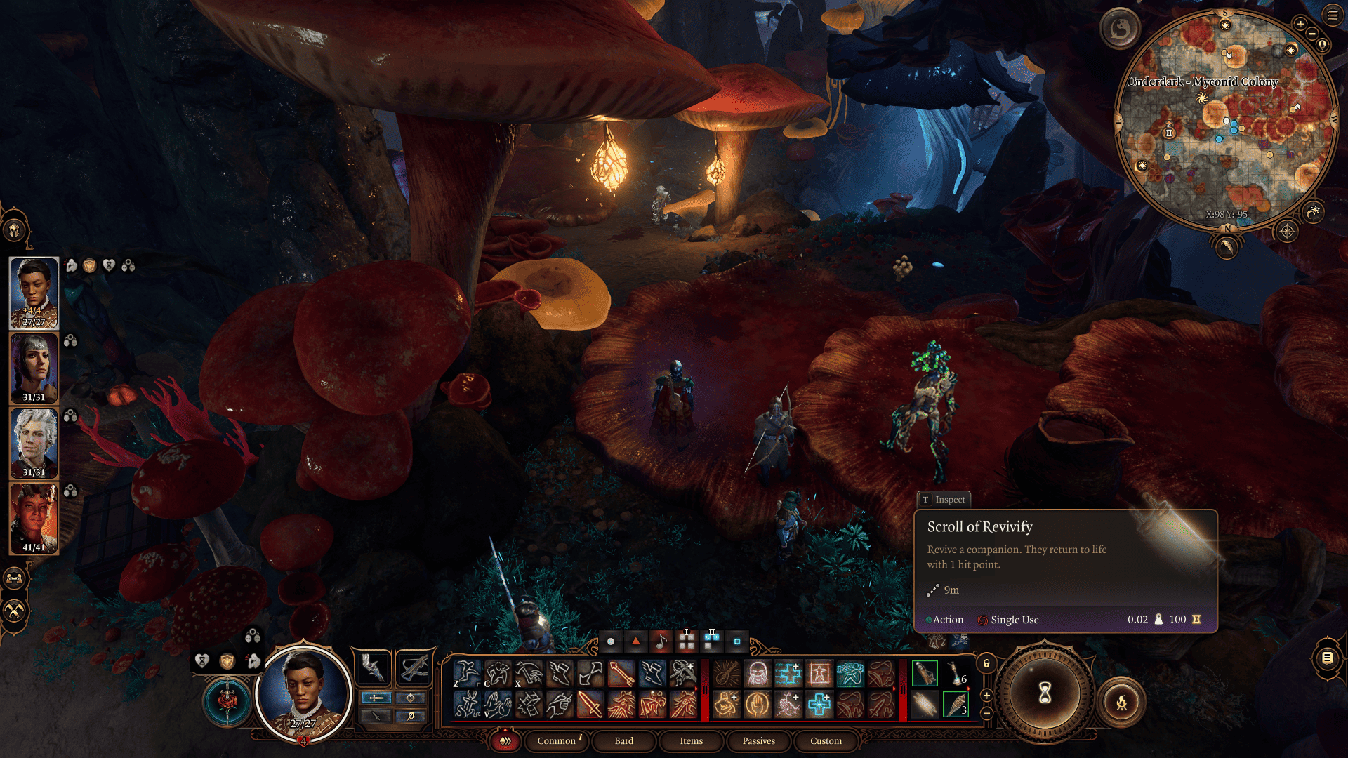 A screenshot of Baldur's Gate 3 showcasing healing and revival mechanics with a mushroom backdrop.