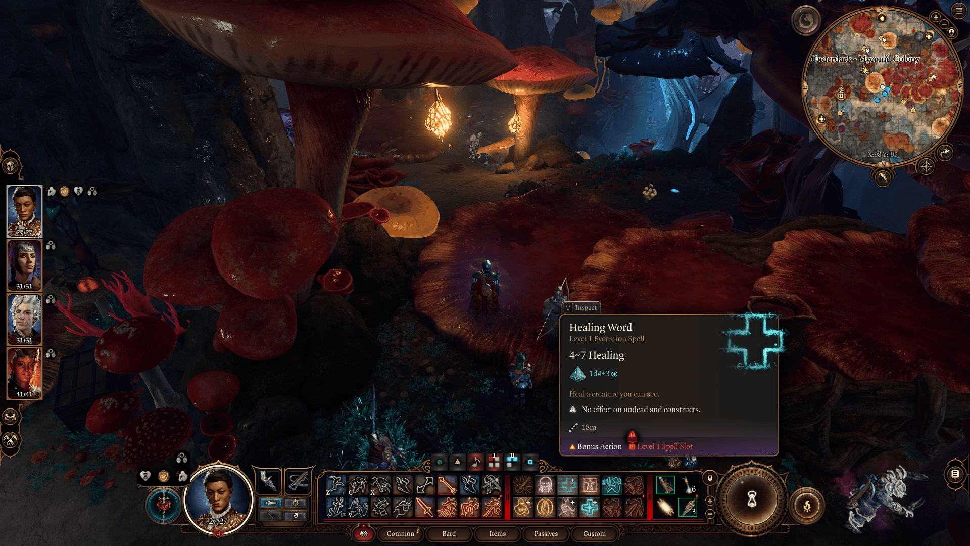 A screenshot of Baldur's Gate 3 featuring a mushroom backdrop, showcasing methods to heal and revive.