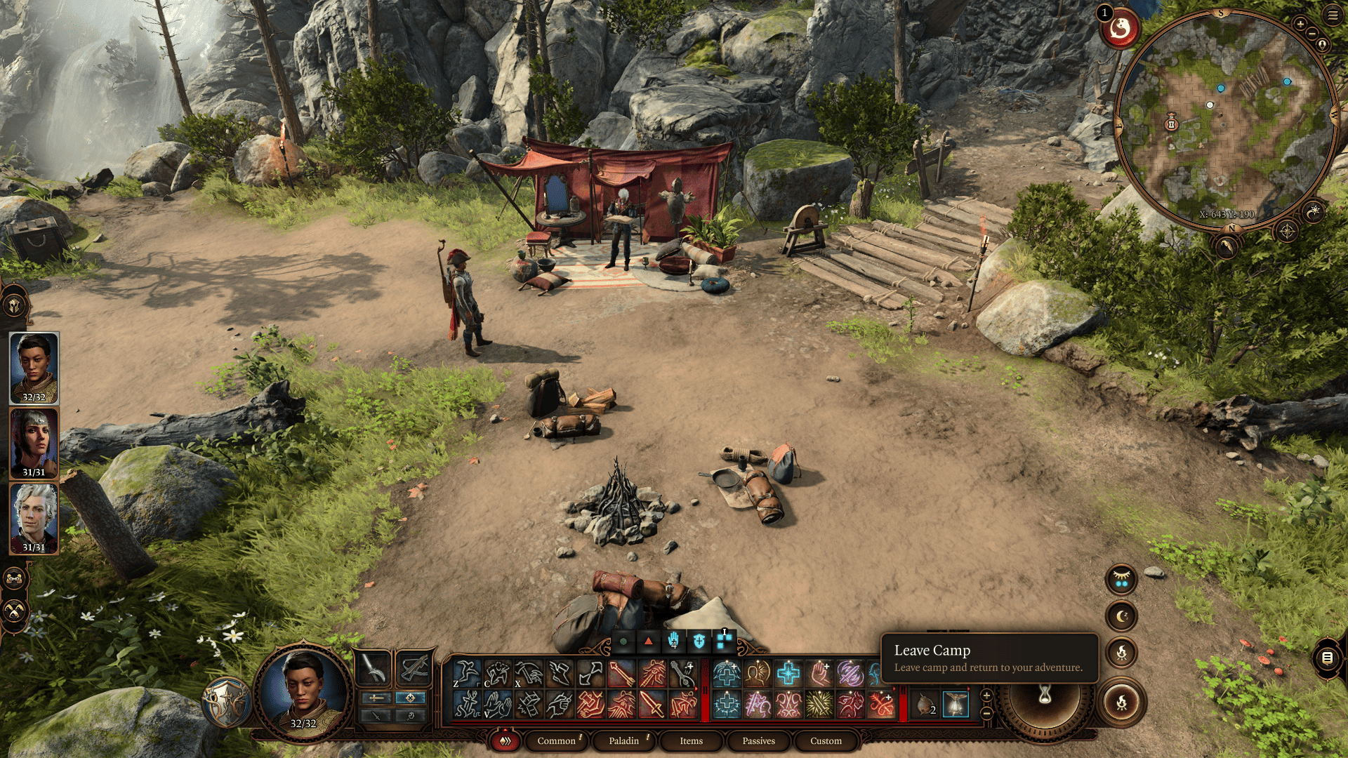 how to set up and leave camp in BG3: A party stand around the small grounds of a camp in a verdant green woodland. Image captured by VideoGamer.