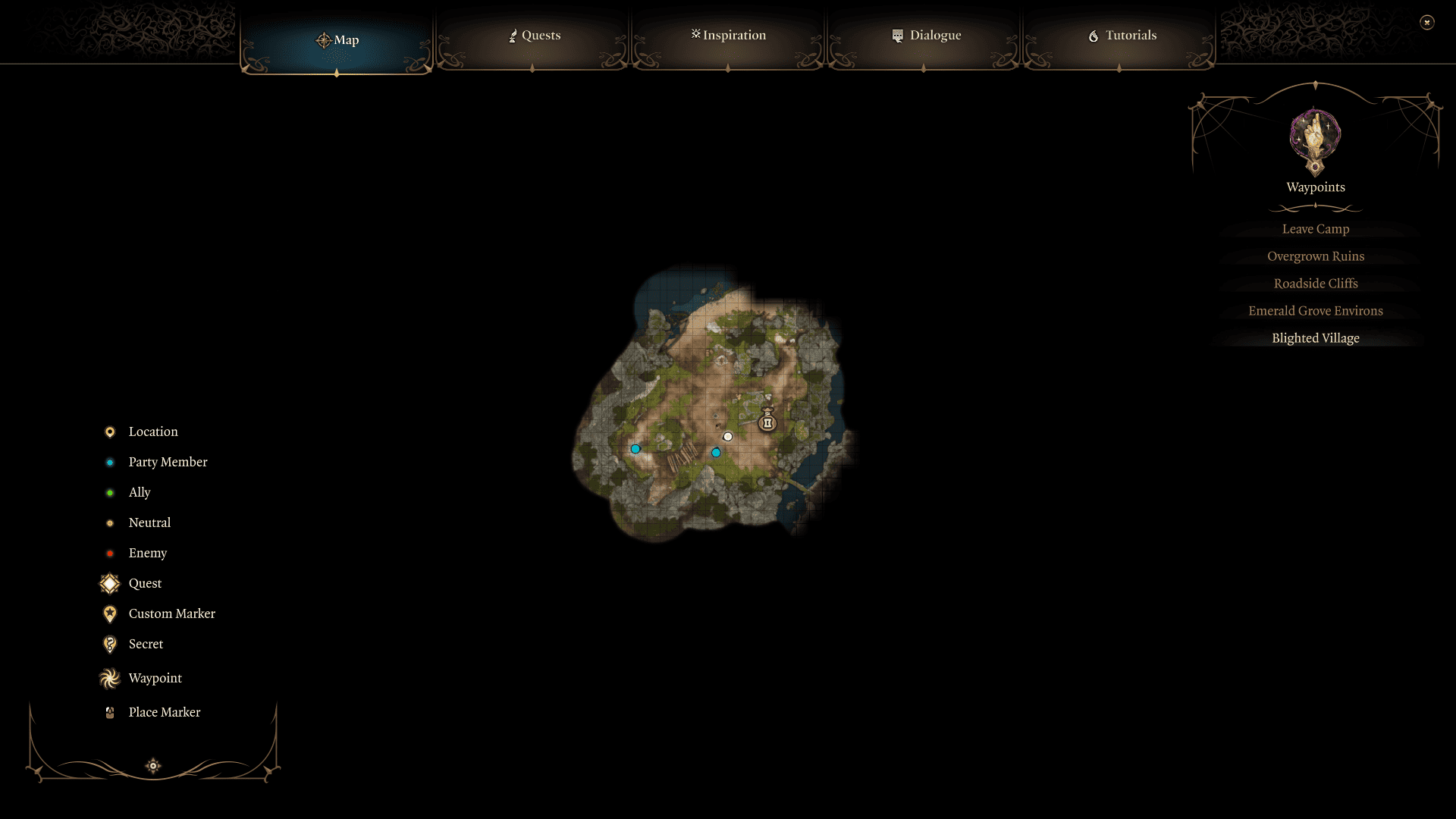 how to set up and leave camp in BG3: A screenshot of a map displaying the route to leave camp in Baldur's Gate 3. Image captured by VideoGamer.