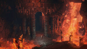 How to leave dungeons in Diablo 4: A character stands at the towering entryway to a fiery volcano dungeon.