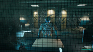 How to customise guns in Trepang2: The Quartermaster at home base stands behind a glass pane.