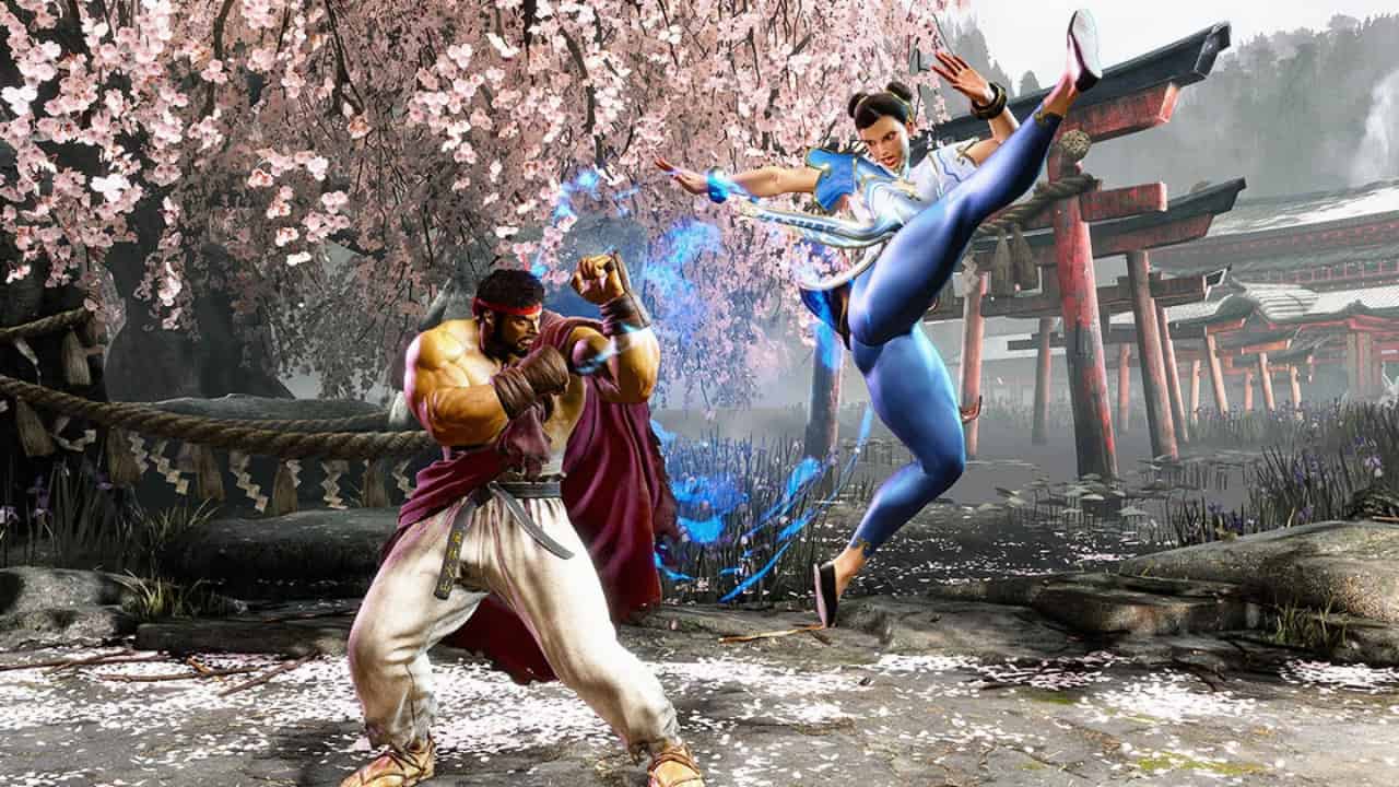 How to wall jump in Street Fighter 6: Ryu blocks a kicking attack from Chun-Li as they fight outside a Japanese shrine.
