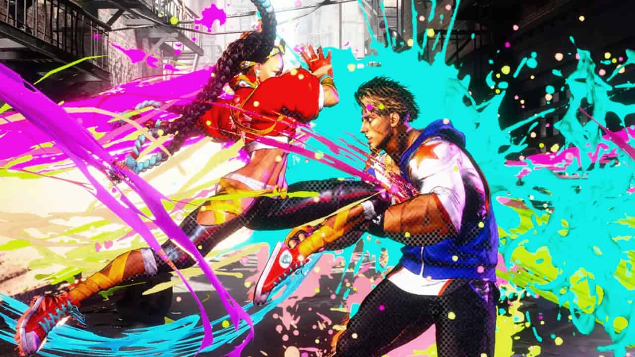 How to wall jump in Street Fighter 6: Luke takes a blow to the stomach from an opponent's kick attack, colourised with vibrant splatters of neon blue, indigo and green.