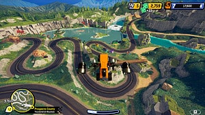 How to remove weeds in Lego 2K Drive: A lawnmower car mid-air over a race track.