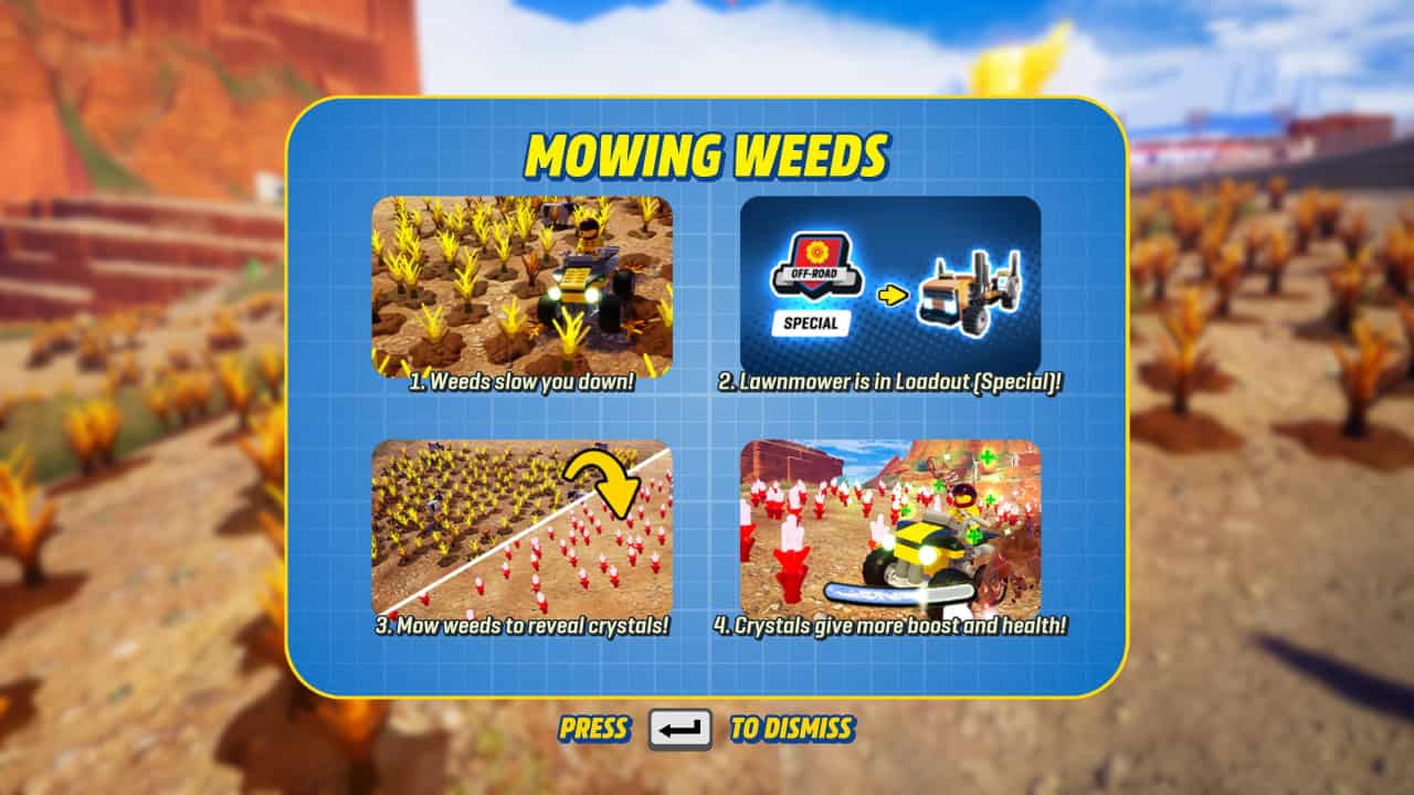 How to remove weeds in Lego 2K Drive: A popup explaining what weeds are and how to mow them in-game.
