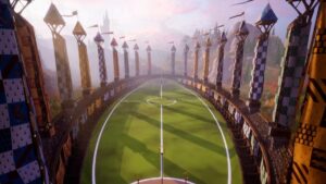 Quidditch court seen from above in Harry Potter Quidditch Champions.