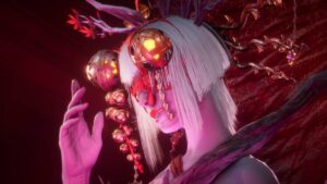A mysterious figure with white hair, golden ornaments, and glowing red eyes poses dramatically under crimson light in Ninja Gaiden 4