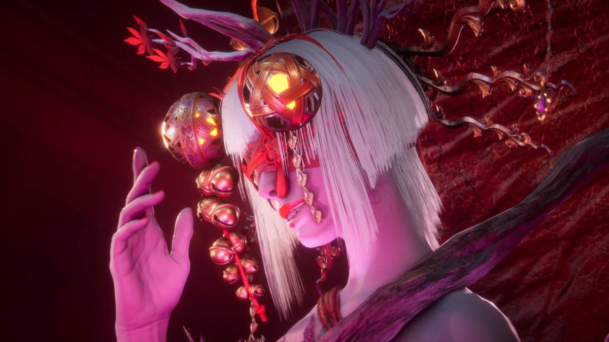 A mysterious figure with white hair, golden ornaments, and glowing red eyes poses dramatically under crimson light in Ninja Gaiden 4