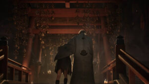 A scene from Silent Hill f showing a priest gently guiding a girl up the stairs inside a dimly lit shrine decorated with hanging bells and candles