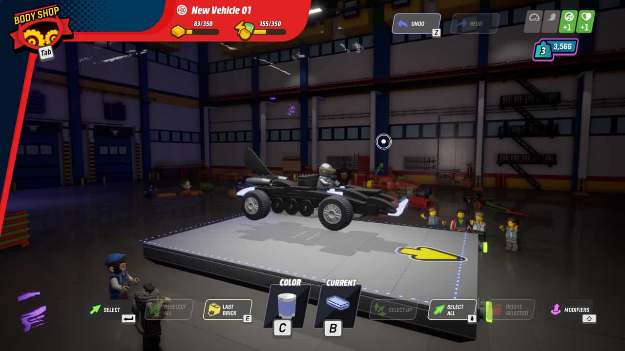 How to use Creations online in Lego 2K Drive: A car in the garage construction menu, being built.
