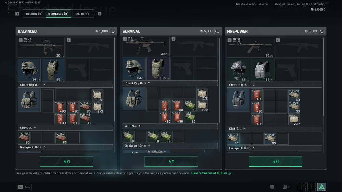 Picture of gear sets redeemed by spending gear tickets in Tactical Turmoil from Delta Force Hawk Ops.