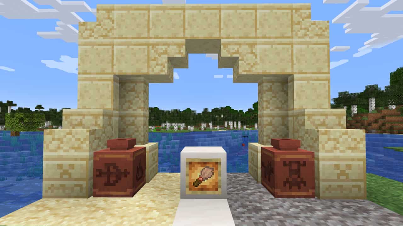 How to use a brush in Minecraft: A brush on display under a sandstone archway, flanked by decorative pots.
