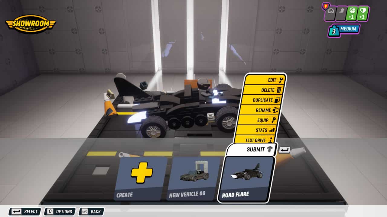 How to use Creations online in Lego 2K Drive: The vehicle menu in the garage, with the submit tab highlighted on the selected car.