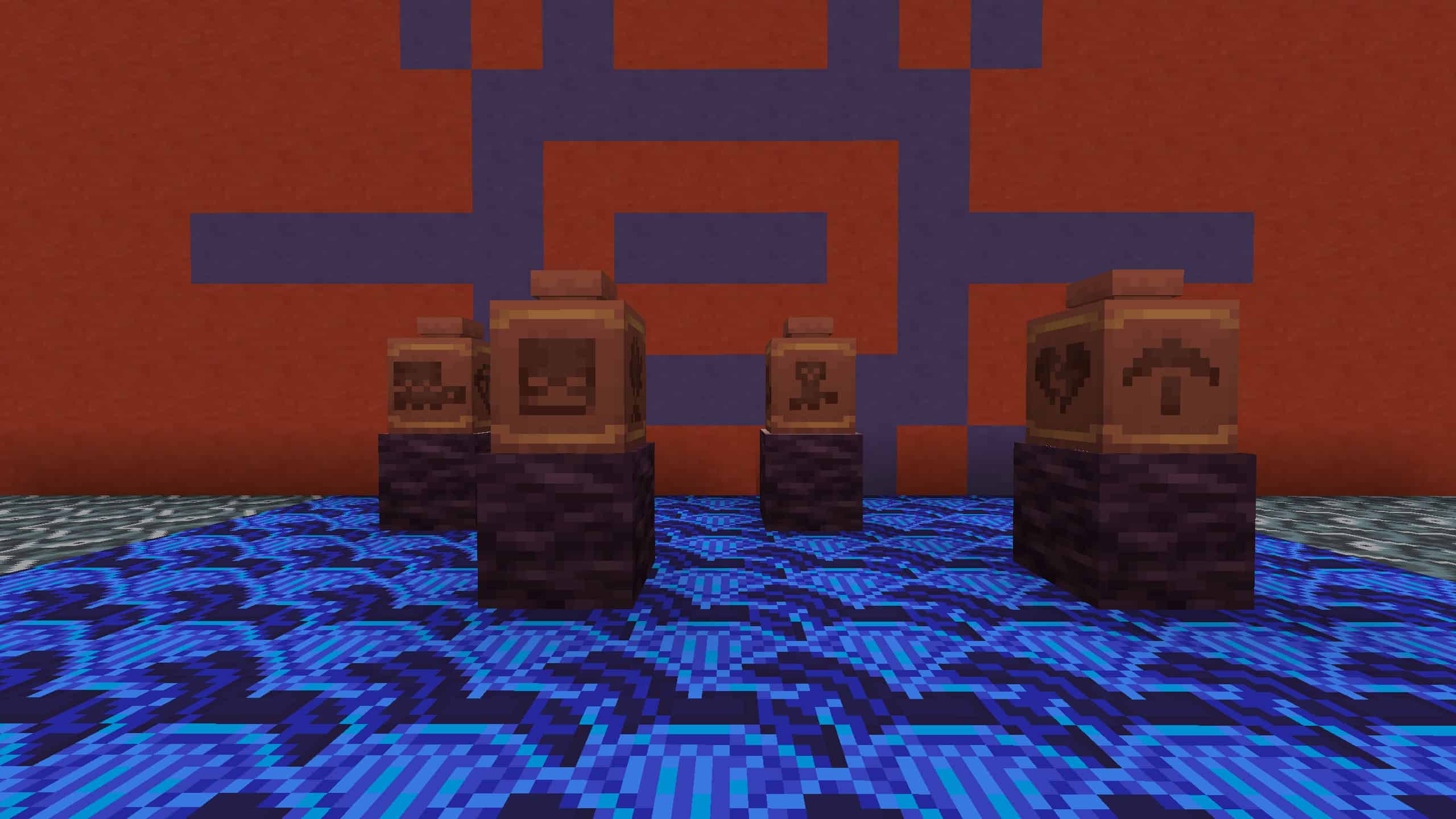 How to use pottery shards in Minecraft: A display of decorative pots made using pottery shards.