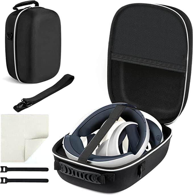 PSVR 2 hard carrying case containing PSVR 2 headset and controllers inside.
