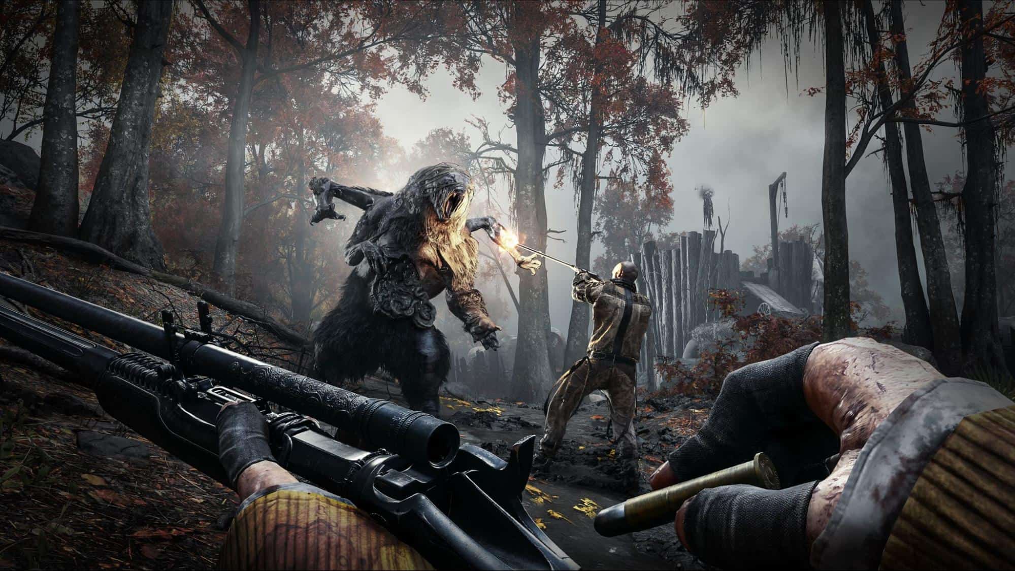 Player reloads rifle while ally fights grotesque creature in swamp forest in Hunt Showdown 1896