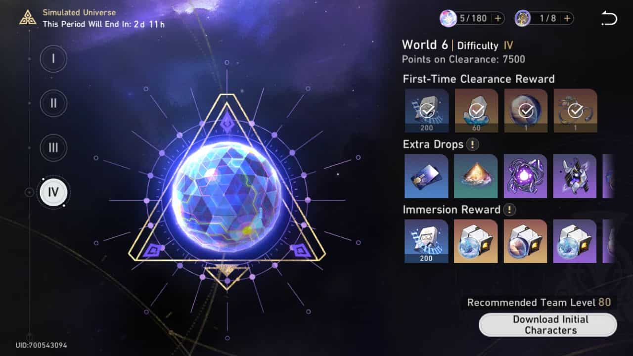 Honkai Star Rail - Simulated Universe World menu