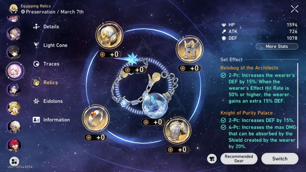Honkai Star Rail - March 7ths relics in the character menu