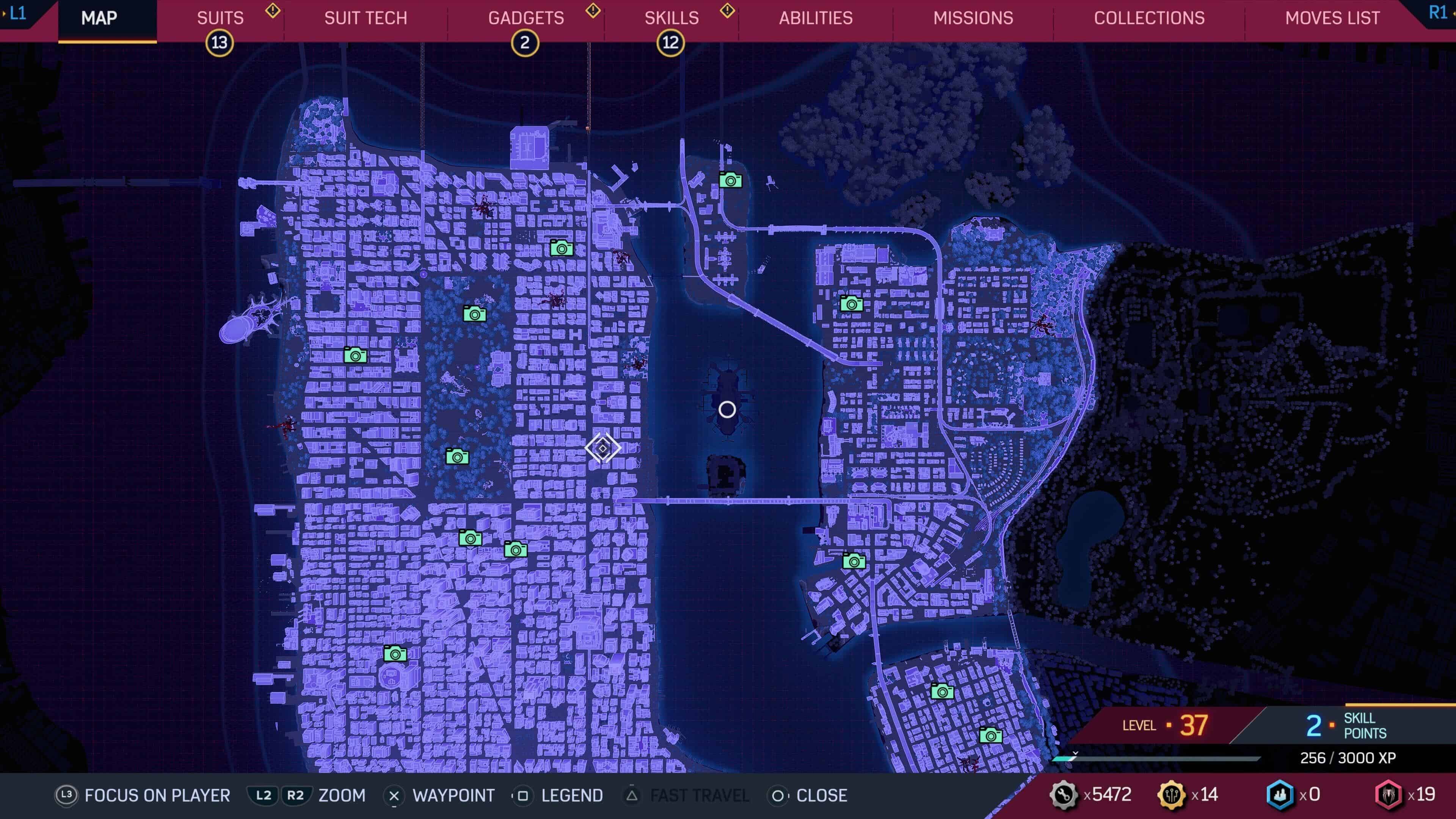 A city map featuring Spider-Man 2 photo ops, captured at night.
