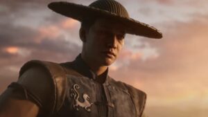 A man wearing a samurai hat during sunset.