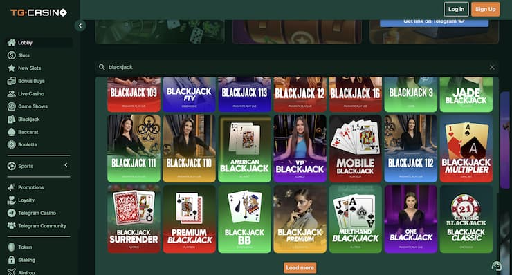 TG.Casino offering various live and RNG blackjack options.