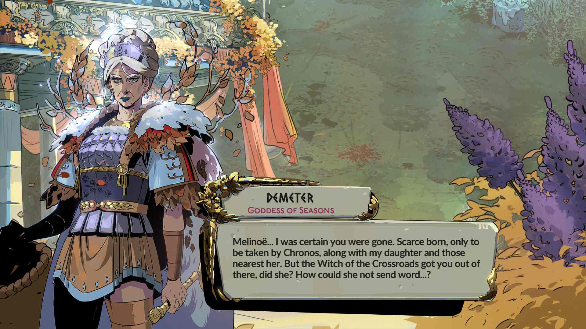 Gameplay scene from Hades 2 where Melinoë stands inside a glowing magic circle surrounded by runes, trees, and spirits in a mystical forest arena.