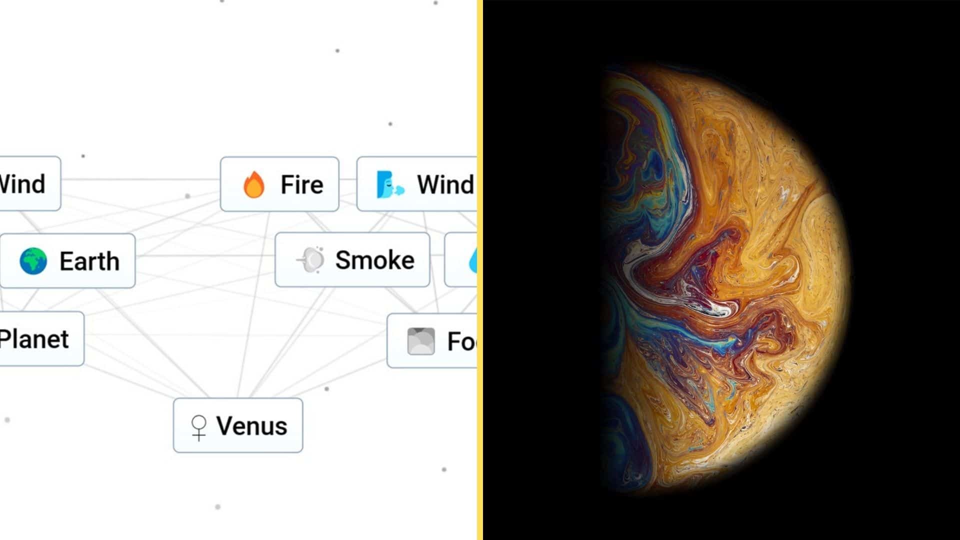 Infinite Craft Venus - An image of the item in the game and a planet.