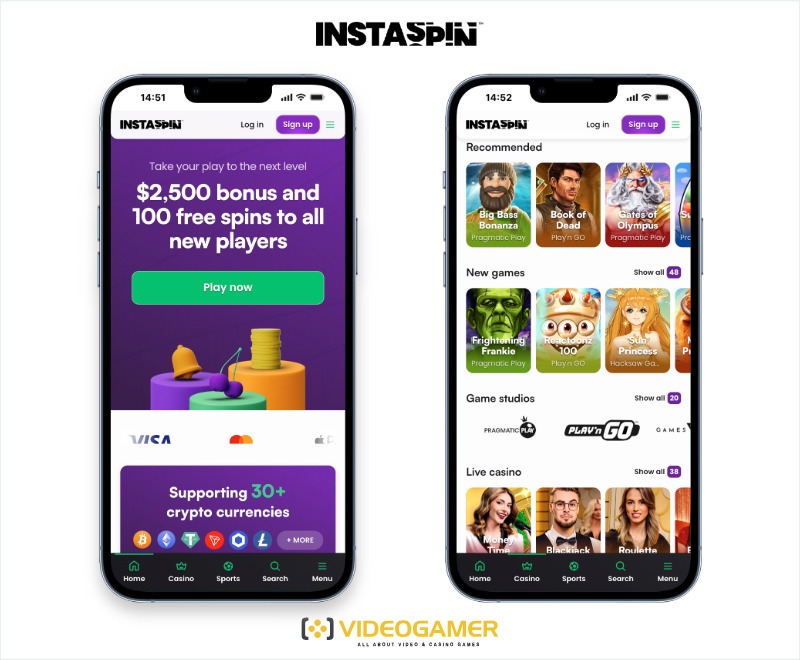 Mobile screenshots showing InstaSpin, a casino app in New Zealand.