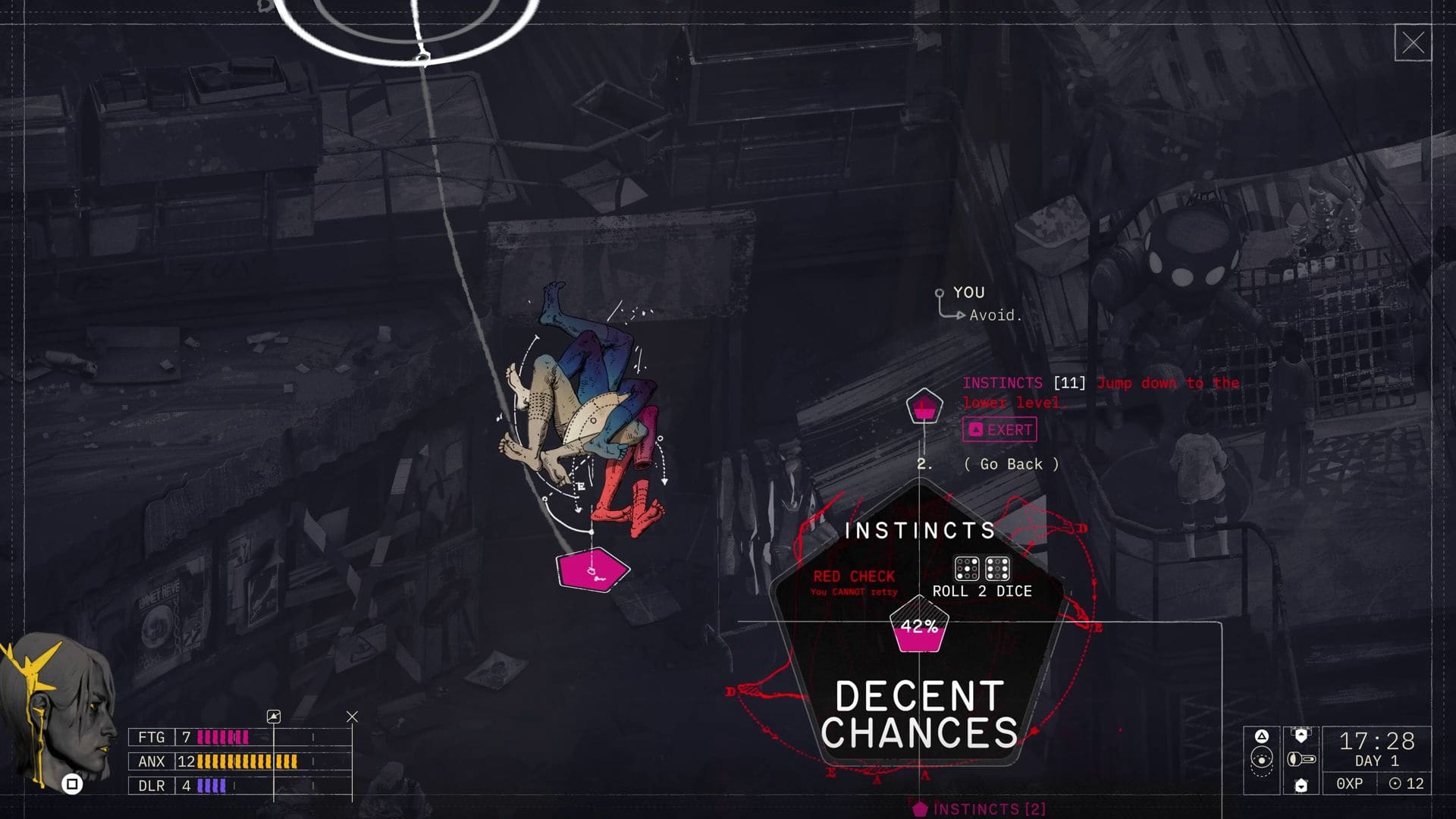 Player attempts risky jump with 42 percent success chance during Instincts skill roll in Zero Parades For Dead Spies
