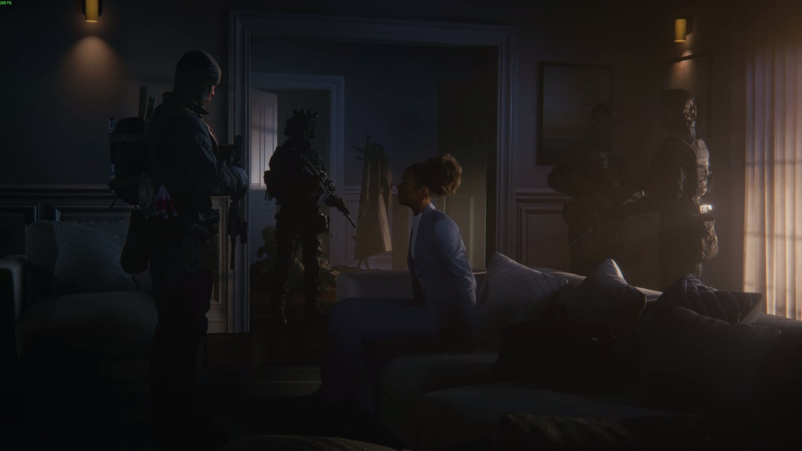 Armed soldiers confronting a seated woman in a dimly lit room during a tense interrogation scene in the Battlefield 6 campaign