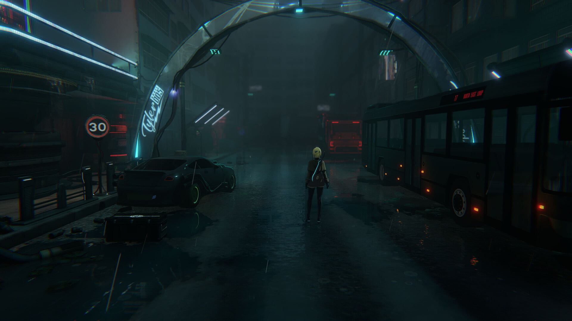 Nova walks through a deserted, rain-soaked street in Parasite Mutant