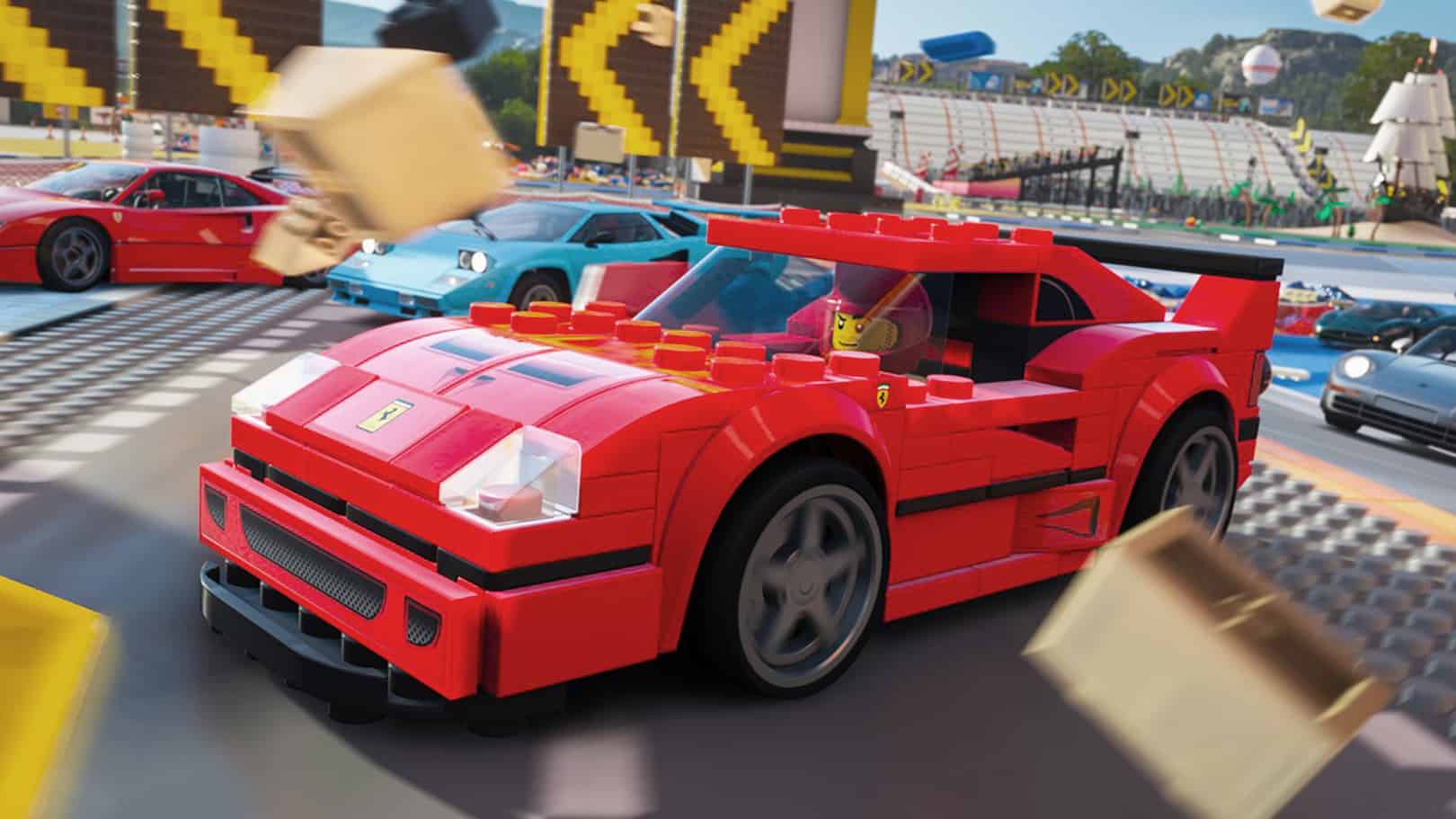 Is Lego 2K Drive crossplay: A lego man inside a lego ferrari-style racing car, racing on the track.