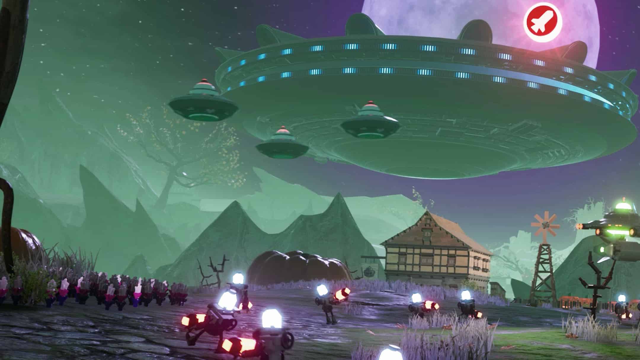 Is Lego 2K Drive on PS4 or Xbox One: An image of a Lego spaceshit hovering over an alien-themed race track.
