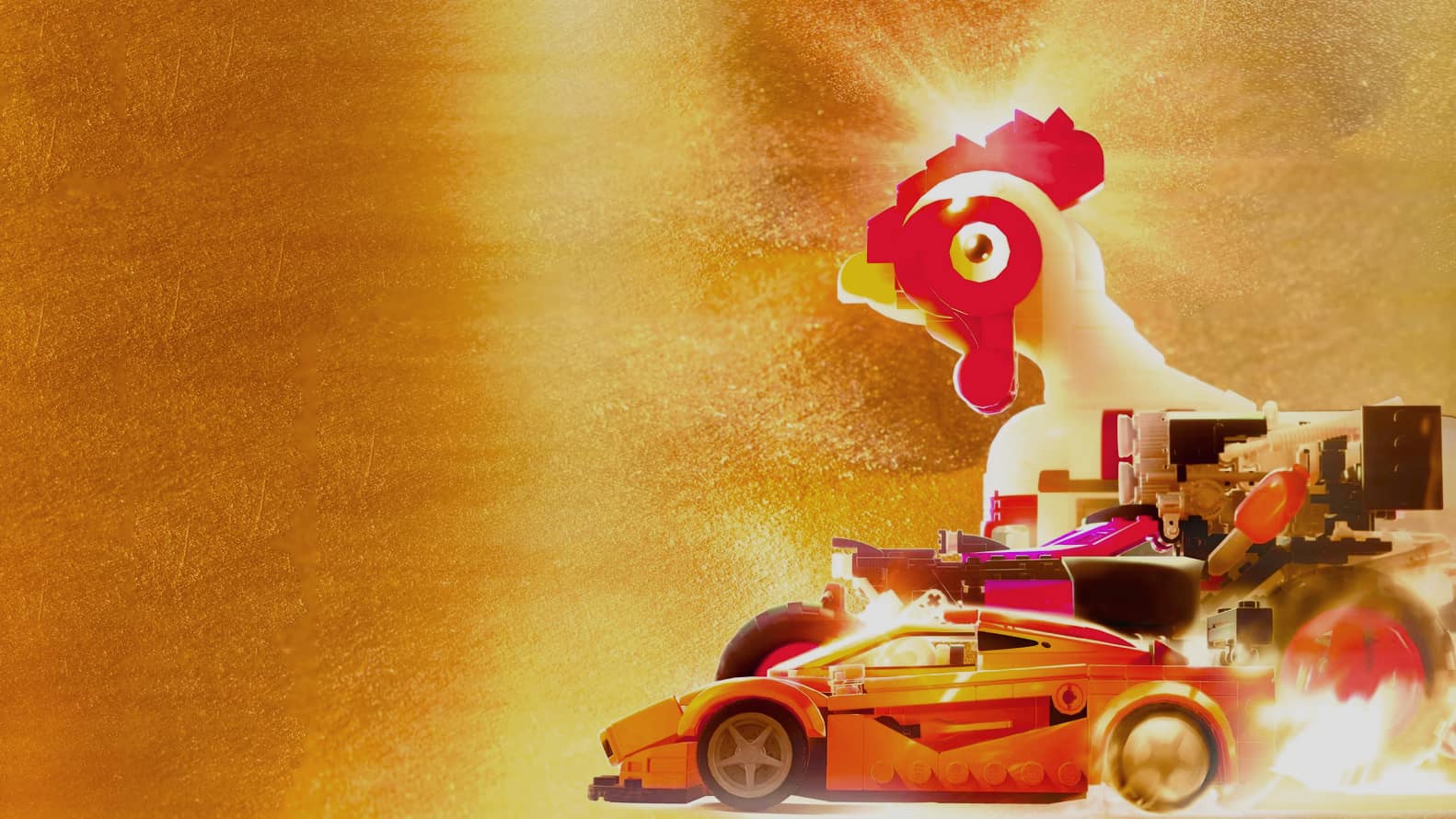 Is Lego 2K Drive crossplay: three lego cars race side by side. One is orange and sports-like in design, one is similar to an F1 design, and one is designed to look like a giant chicken.