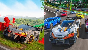 Is Lego 2K Drive split screen: A dual image of a lego race car spun out on the left image and on the race track on the right image.
