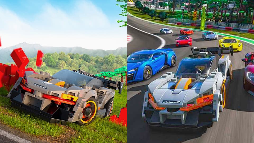 Is Lego 2K Drive split screen: A dual image of a lego race car spun out on the left image and on the race track on the right image.